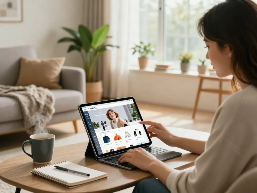 Young woman engaging with an ecommerce platform, exploring if streek is legit in Canada.