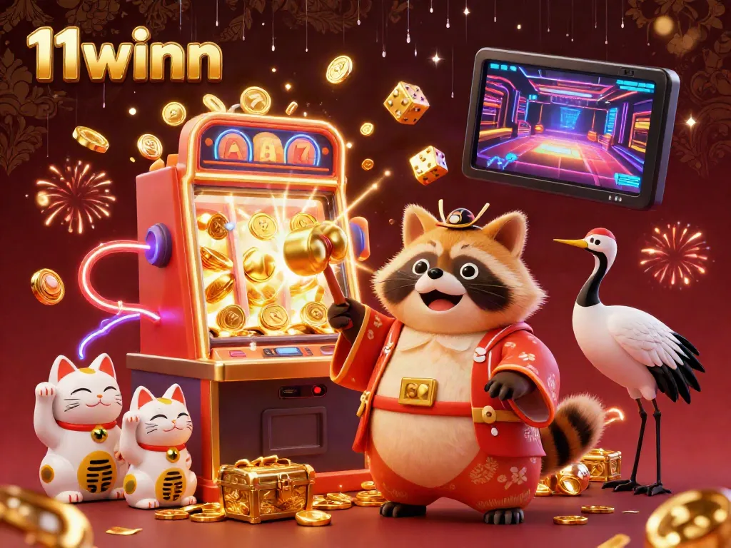 Experience the vibrant world of 11winn with a cheerful tanuki, lucky symbols, and dynamic casino elements bursting with energy.