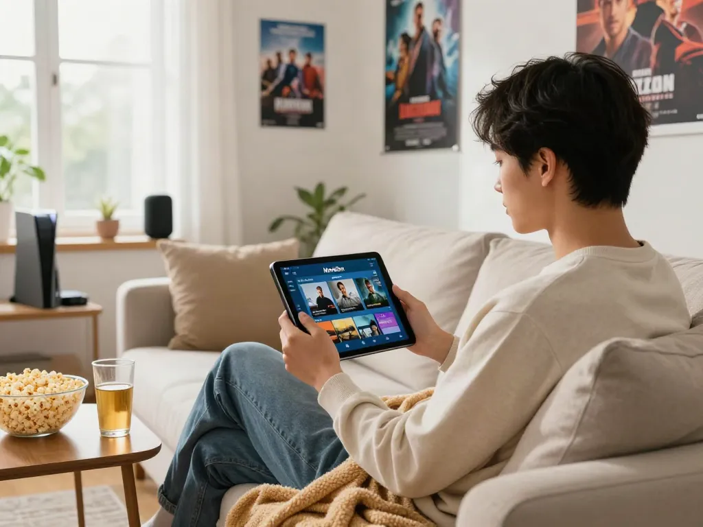 Enjoy moviebox download on a cozy couch while watching movies in a bright living room.