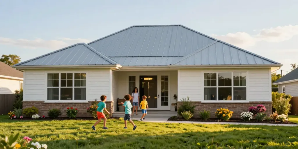 mroof.ca metal roof on a suburban home with a family enjoying outdoor activities.