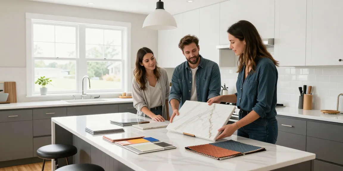 Couple reviewing quartz kitchen countertops Hamilton options with a designer in a bright modern kitchen setting