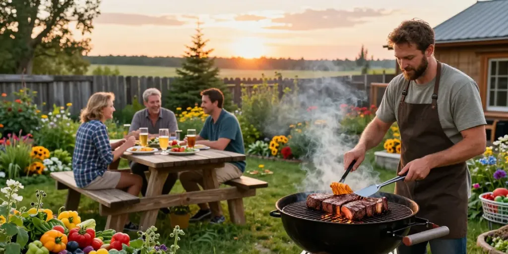 Delicious barbecue Alberta beef cooking on grill during sunset.