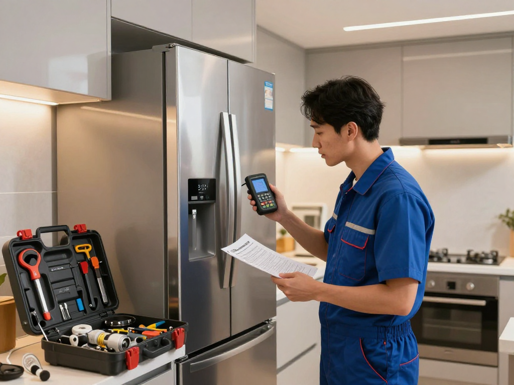 Expert technician performing refrigerator repair in a modern kitchen, surrounded by tools and equipment.