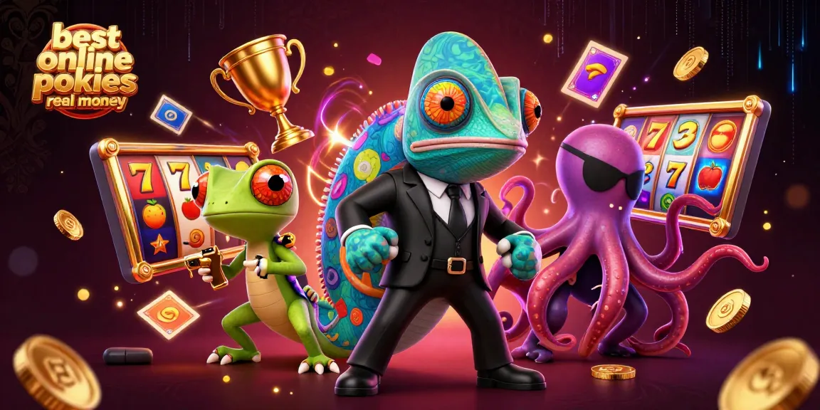 Spin the best online pokies real money with vibrant chameleon and gecko in a thrilling casino scene.