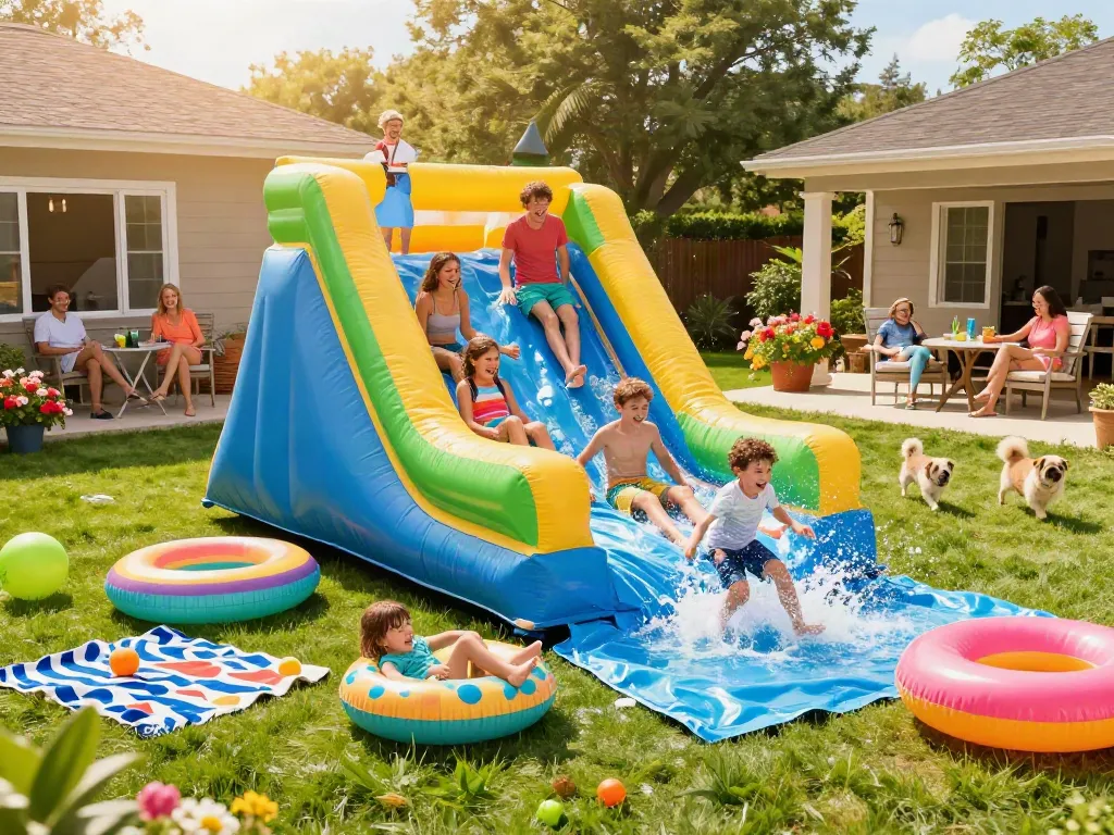 An exciting family gathering enjoying a colorful slide water slide in a sunny backyard.