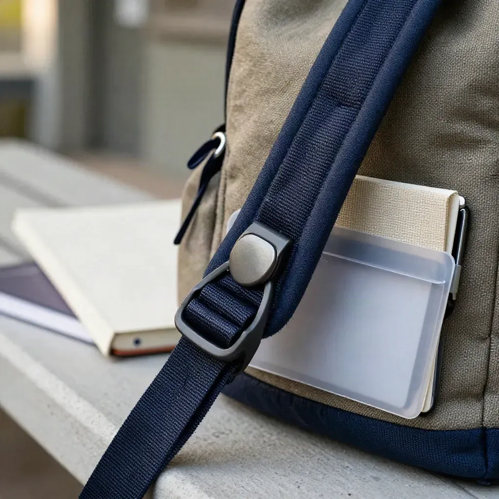 Macro campus essentials: backpack strap, notebook spine, transit sleeve and clipped pen on concrete.