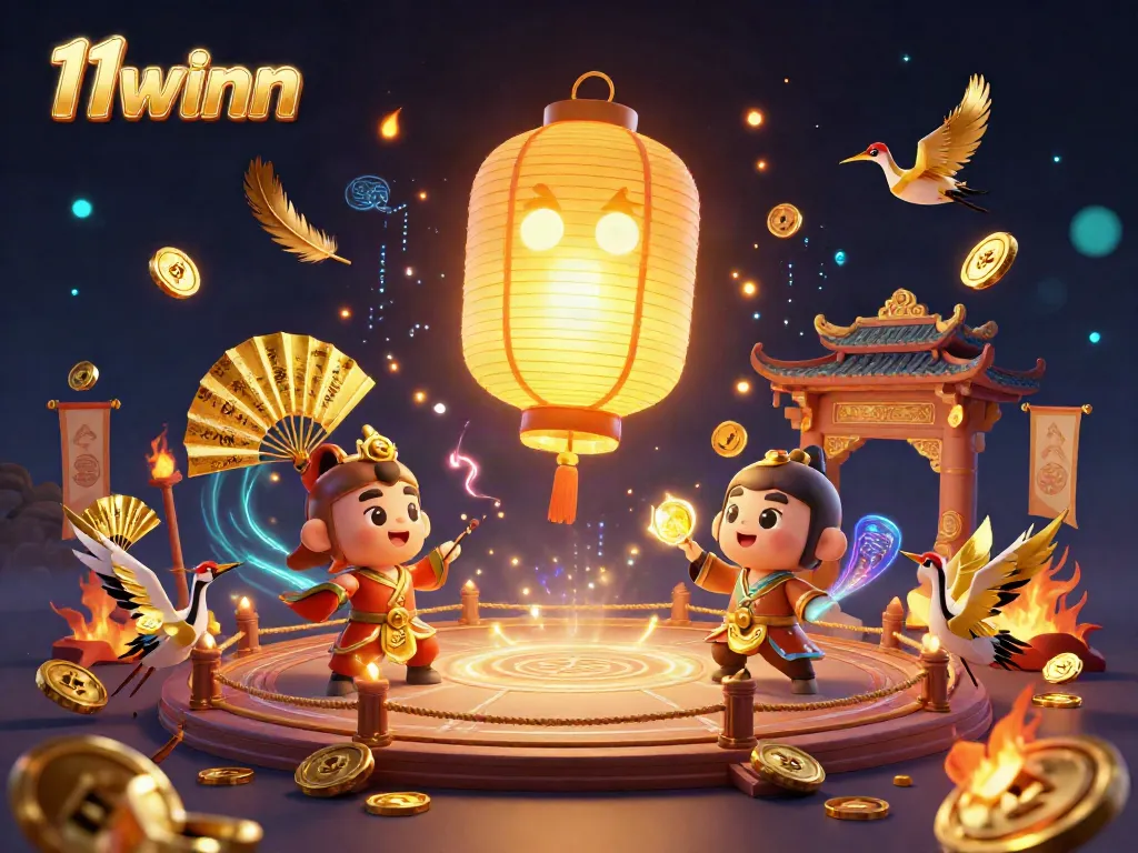 Experience 11winn's thrilling online casino atmosphere with vibrant golden elements and dynamic characters.