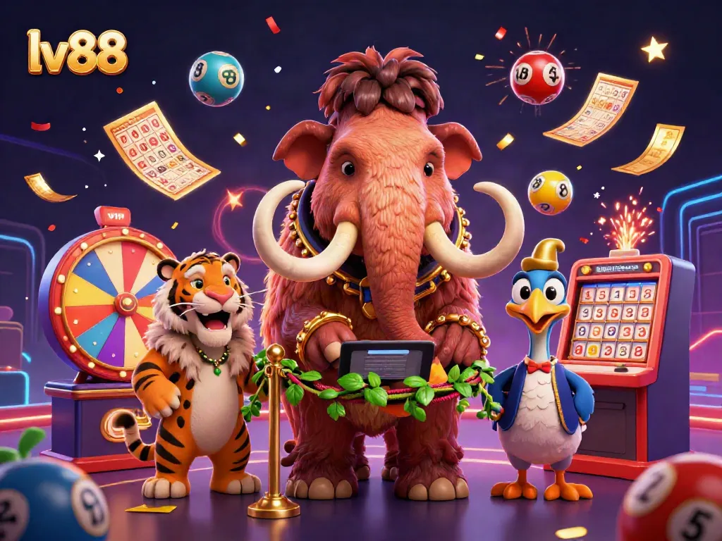Experience the excitement of lv88 with the vibrant casino scene featuring a woolly mammoth bouncer, saber-tooth tiger VIP, and dodo bird doorman.