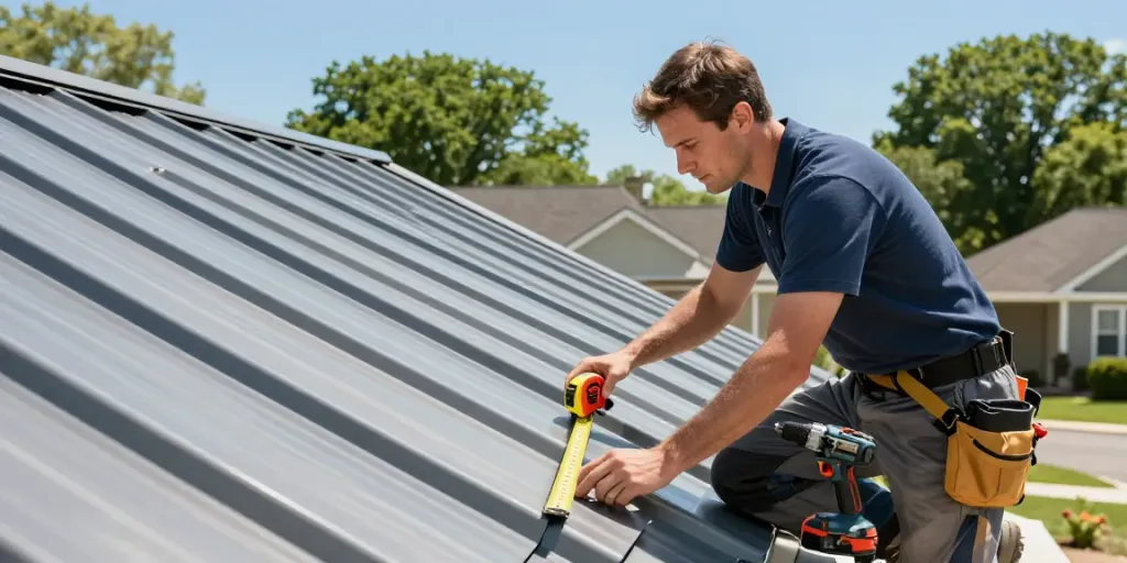 Metal roofing contractors installing a modern metal roof on a suburban house.