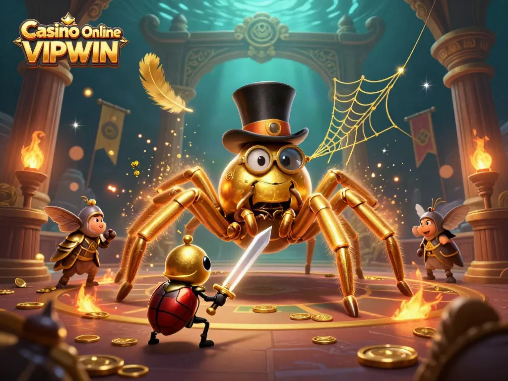 Experience the excitement of Casino Online VIPWIN with a 3D cartoon scene of a giant tarantula and beetle knight amidst golden casino elements.